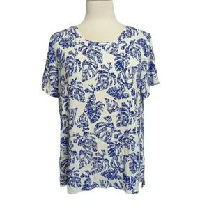 Alfani Blue & White Tropical Leaf Short Sleeve Blouse Size 0X